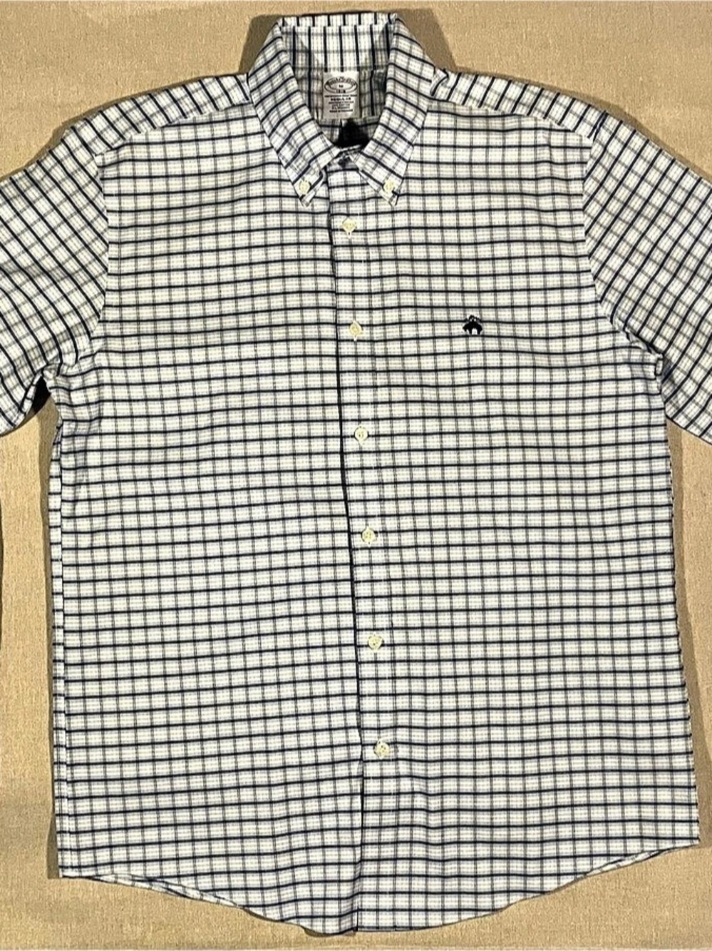 Brooks Brothers Men’s Medium Non-Iron Stretch Plaid Button-Down Shirt Blue White